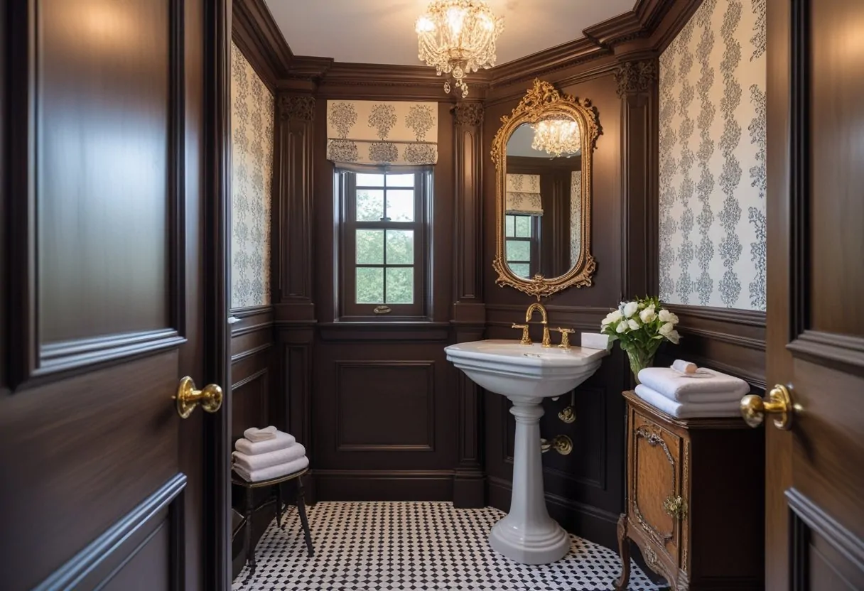 A small, beautifully decorated bathroom with a pedestal sink, ornate mirror, patterned wallpaper, and a chandelier.