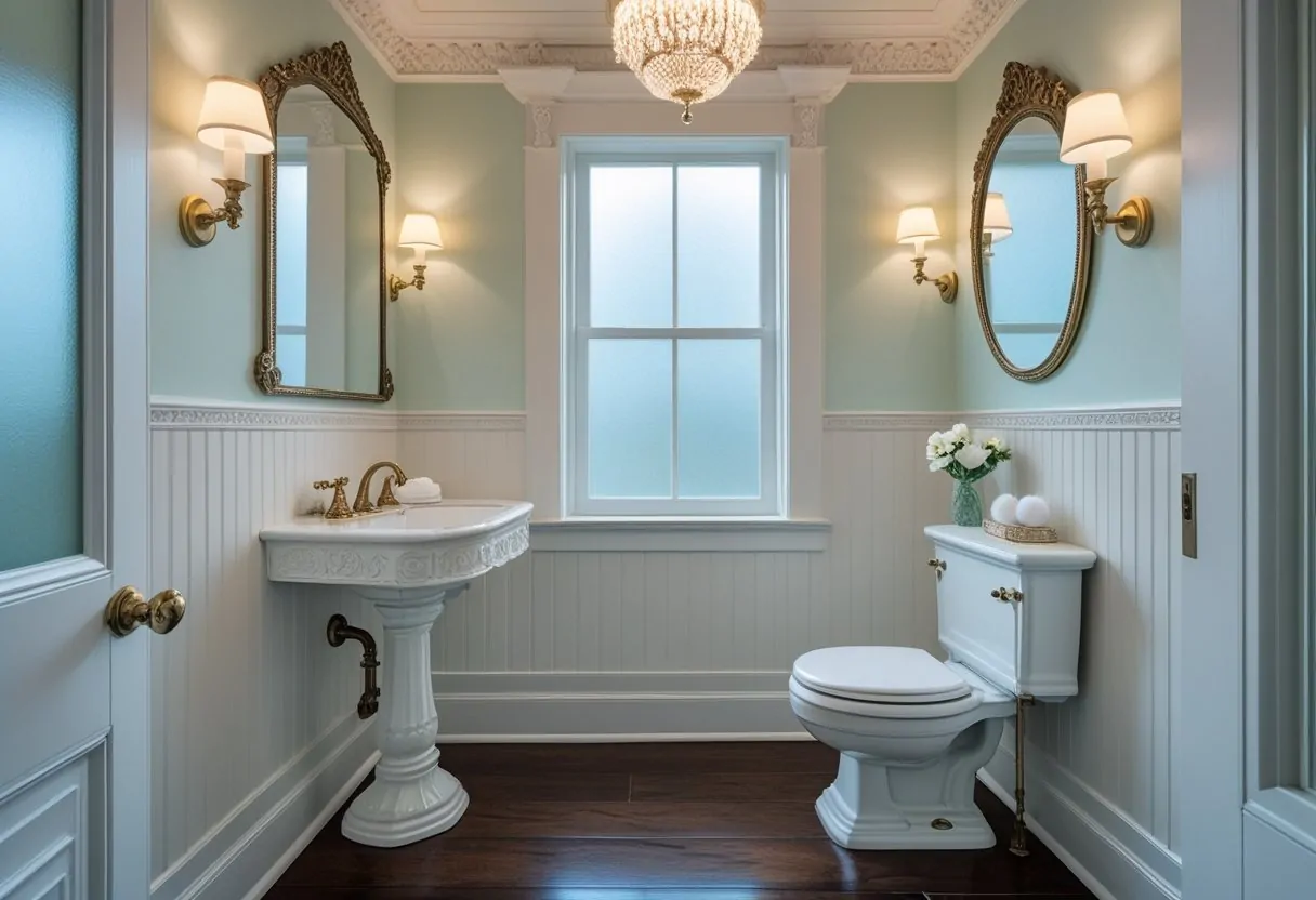 A small, bright half bathroom with a pedestal sink, mirror, toilet, and decorative accessories arranged neatly.