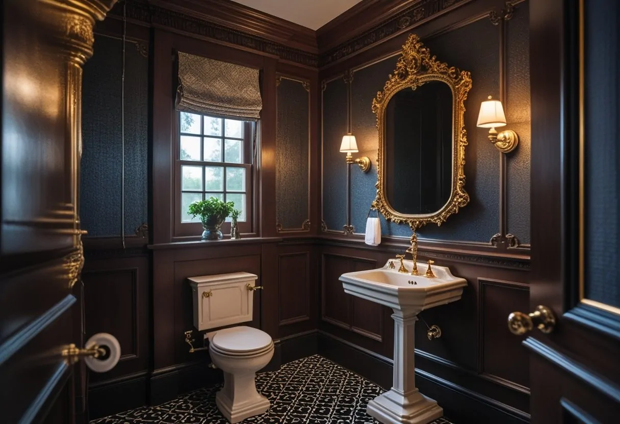 A small, elegantly decorated bathroom with a pedestal sink, decorative mirror, patterned floor tiles, and warm lighting.