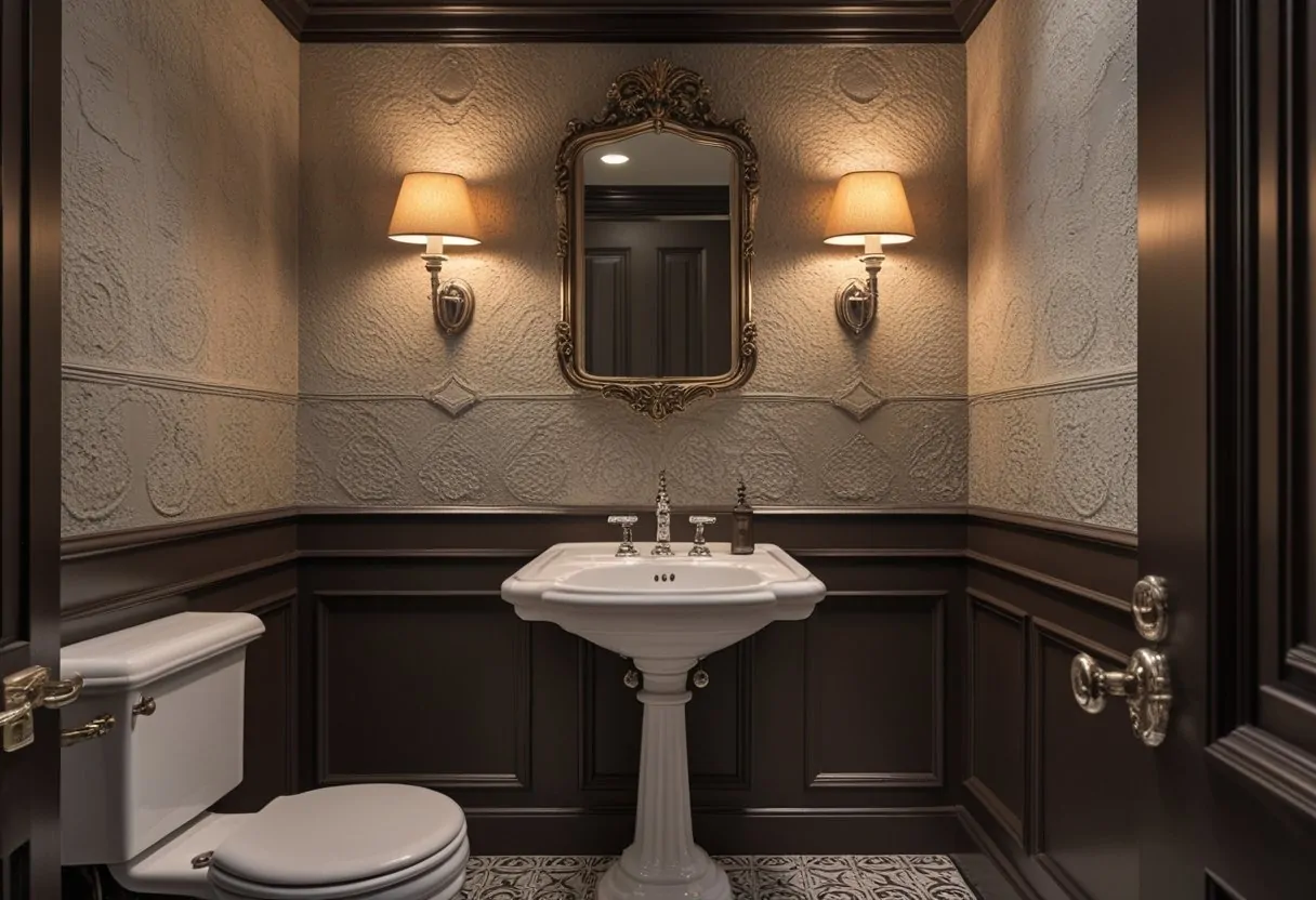 A small half bathroom with a pedestal sink, ornate mirror, wall sconce, patterned wallpaper, and tiled floor.