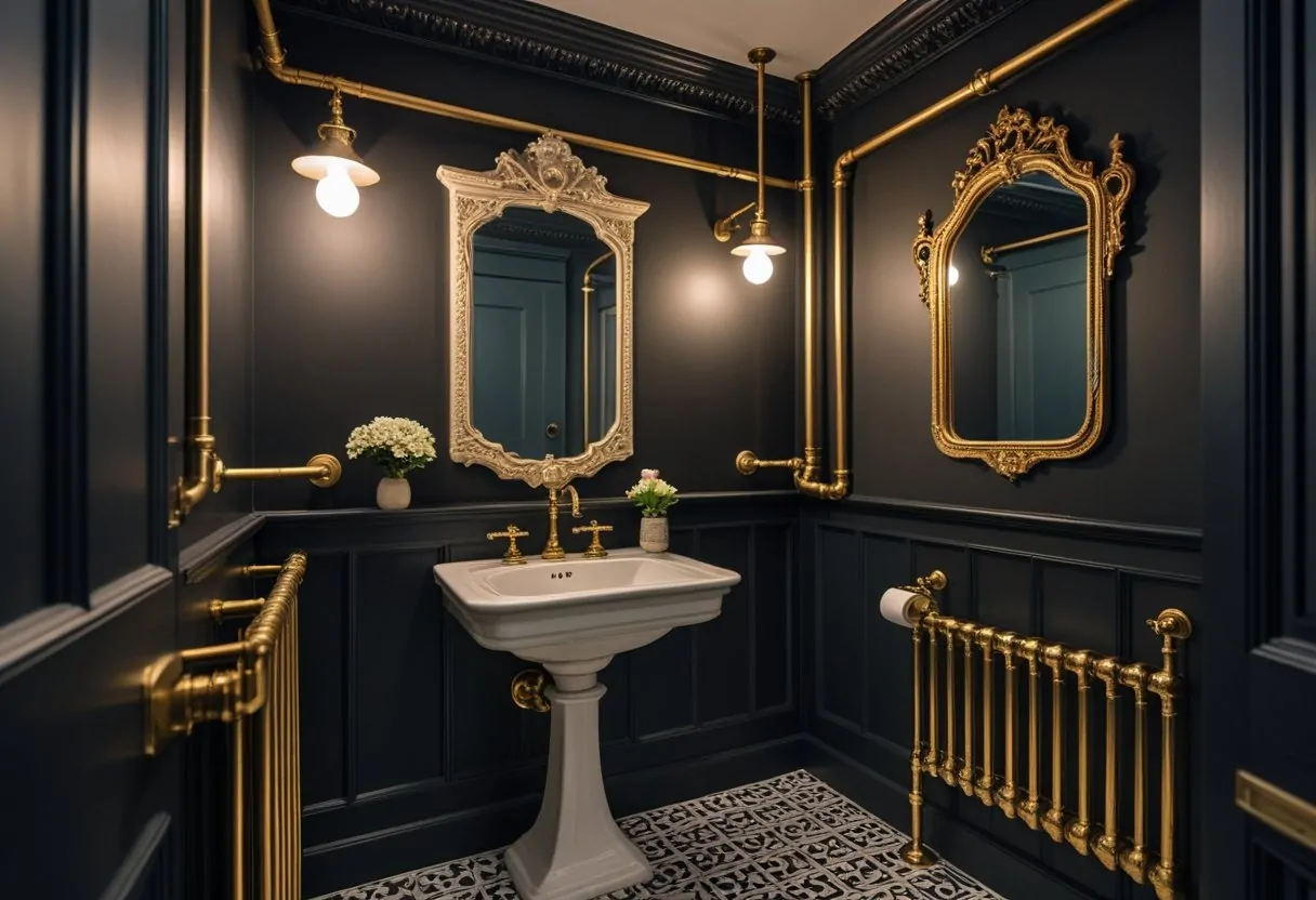 A small bathroom with a vintage sink, gold-colored radiator pipes, dark walls, and patterned floor tiles.