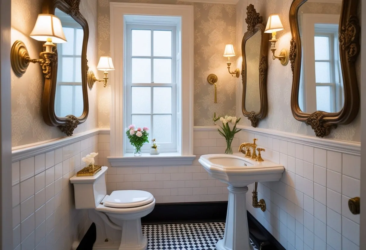 A small, bright bathroom with a pedestal sink, ornate mirrors, patterned wallpaper, and checkered floor tiles.