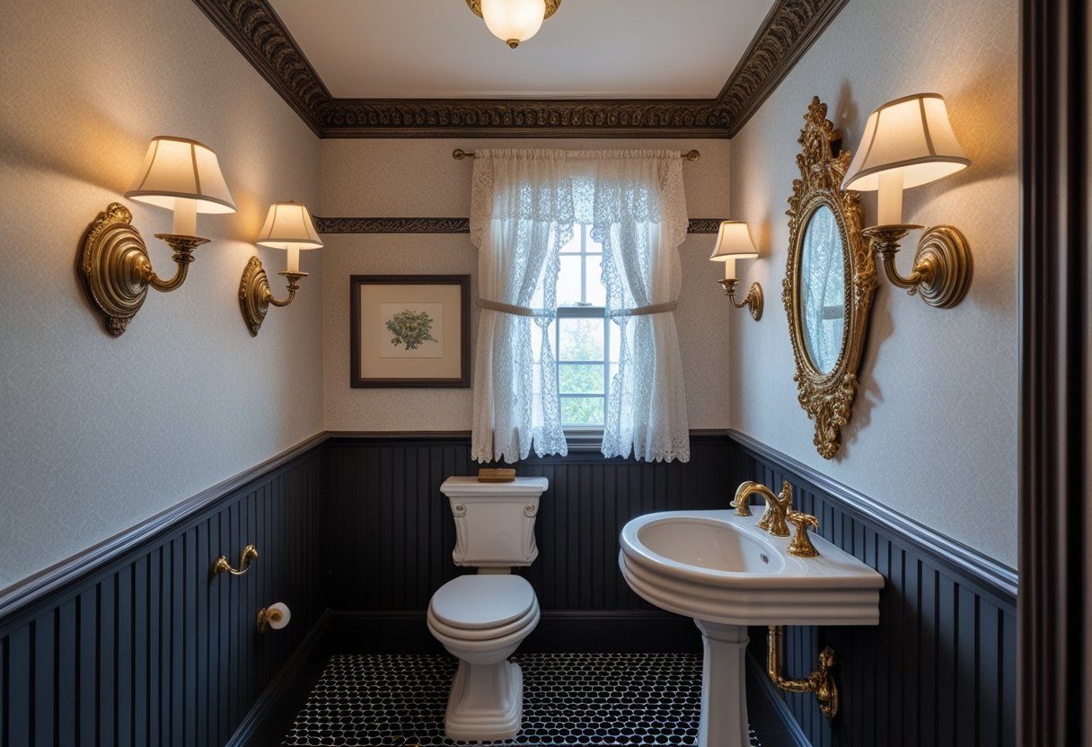 A small, bright half bathroom with a pedestal sink, ornate mirror, wall sconces, patterned wallpaper, and tiled floor.