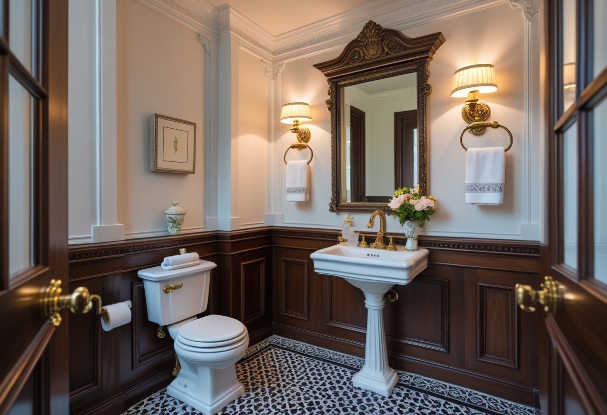 A small, beautifully renovated bathroom with a pedestal sink, decorative mirror, patterned tile floor, and elegant lighting.