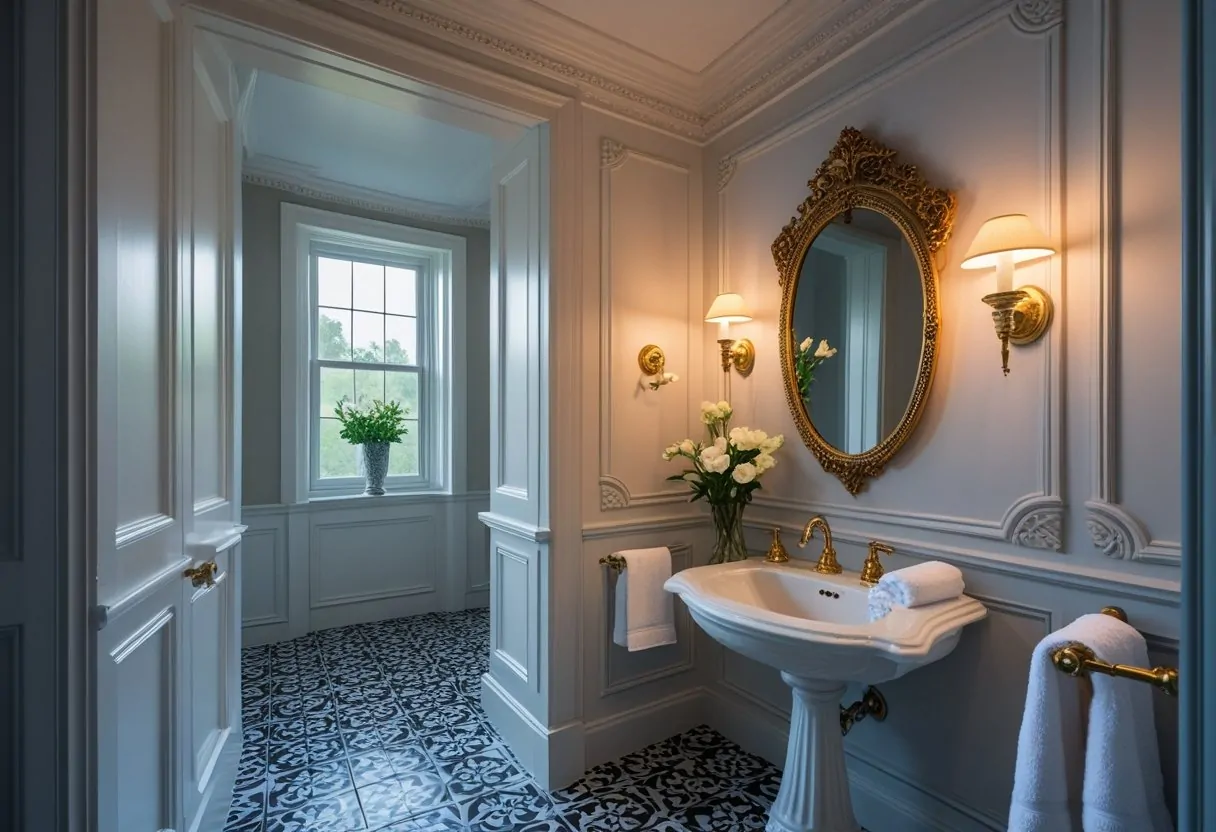 A small, beautifully renovated half bathroom with a pedestal sink, ornate mirror, patterned tile floor, and warm lighting.