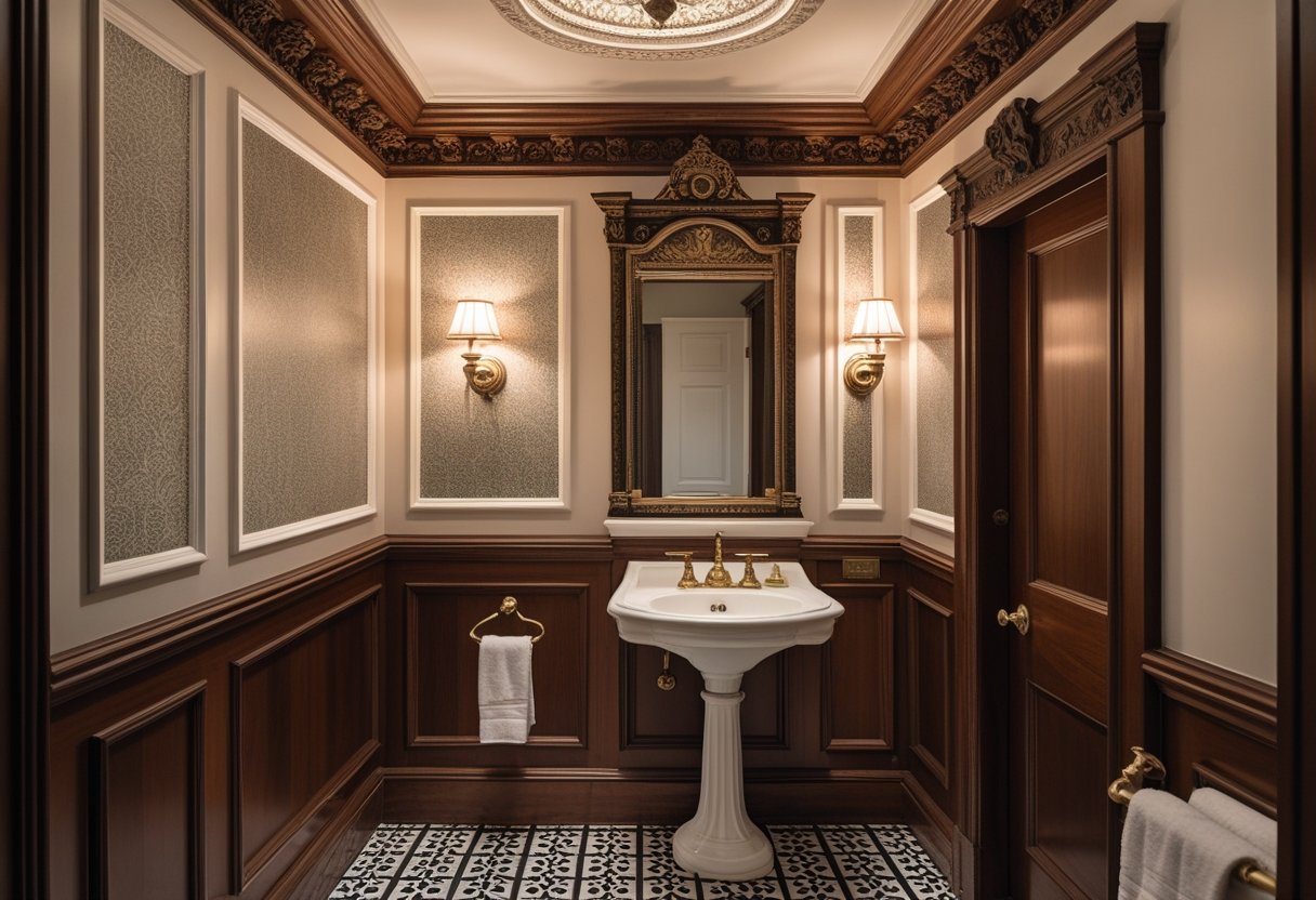 A small, well-maintained bathroom with a pedestal sink, a large mirror, warm lighting, decorative moldings, and patterned tile flooring.