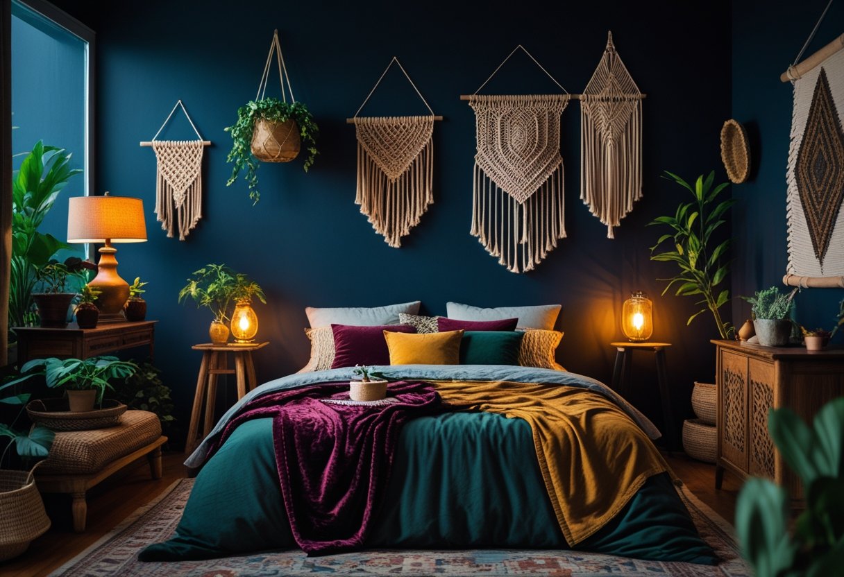 A cozy bedroom with deep blue walls, a large bed with layered bedding, warm lighting, wooden furniture, and plants.