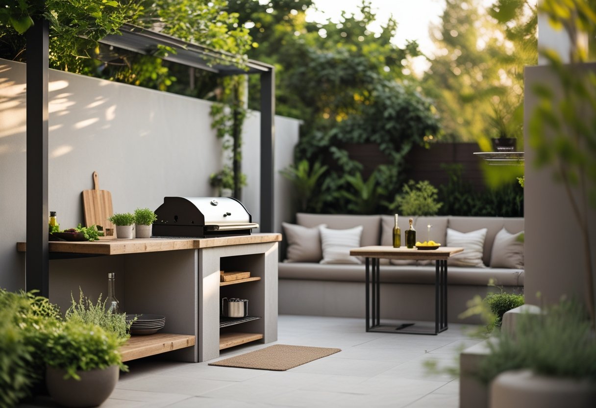 An outdoor kitchen with a small grill, wooden countertop, potted herbs, and a cozy seating area surrounded by greenery.
