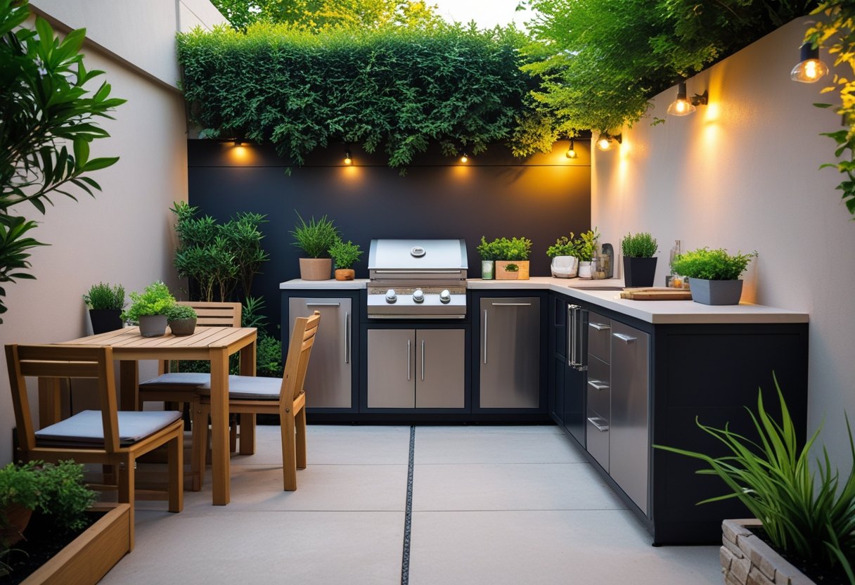 Small backyard with a compact outdoor kitchen, seating area, plants, and ambient lighting.