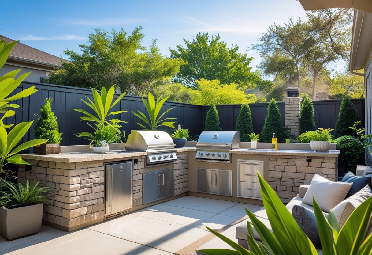 Outdoor kitchen with built-in grill, stone countertops, seating area, and greenery in a backyard.