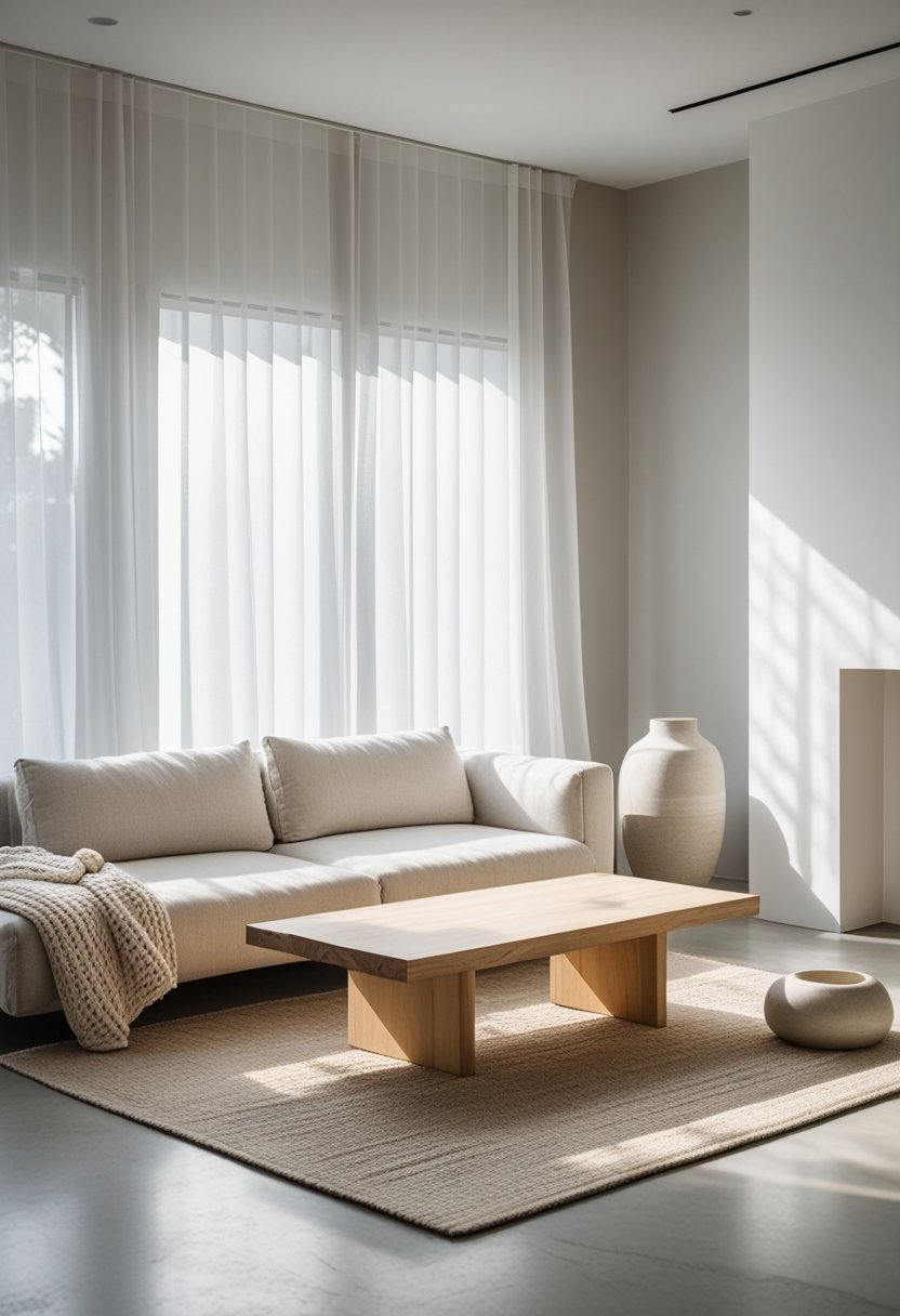 A living room with a sofa, coffee table, rug, and large windows letting in natural light.