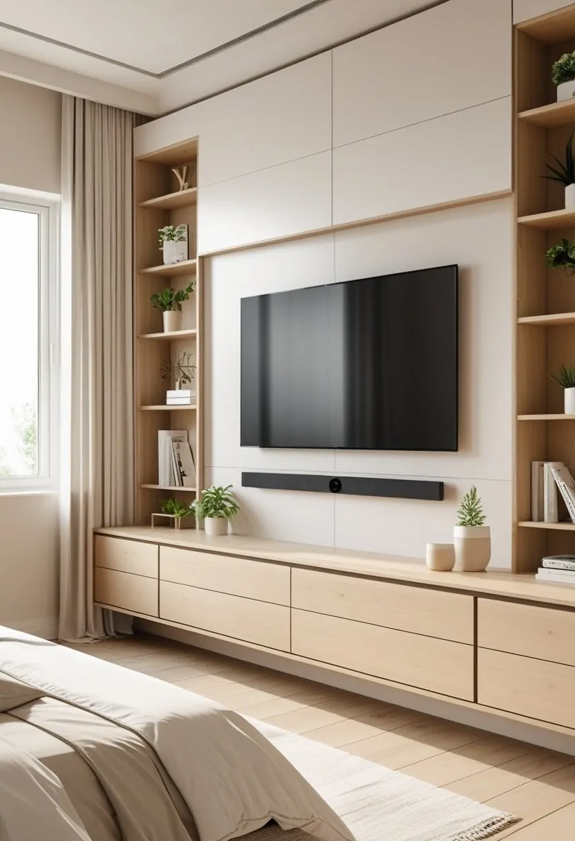 A bedroom featuring a wall-mounted TV above a wooden TV unit with shelves holding decorative items, with a bed and soft natural lighting.