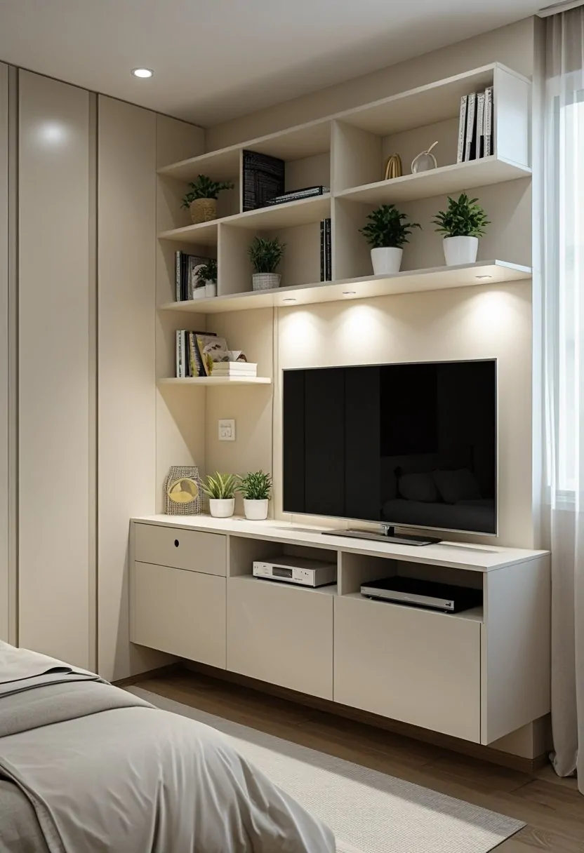 Small bedroom with a compact TV unit featuring shelves and a flat-screen television, a bed nearby, and natural light coming through a window.