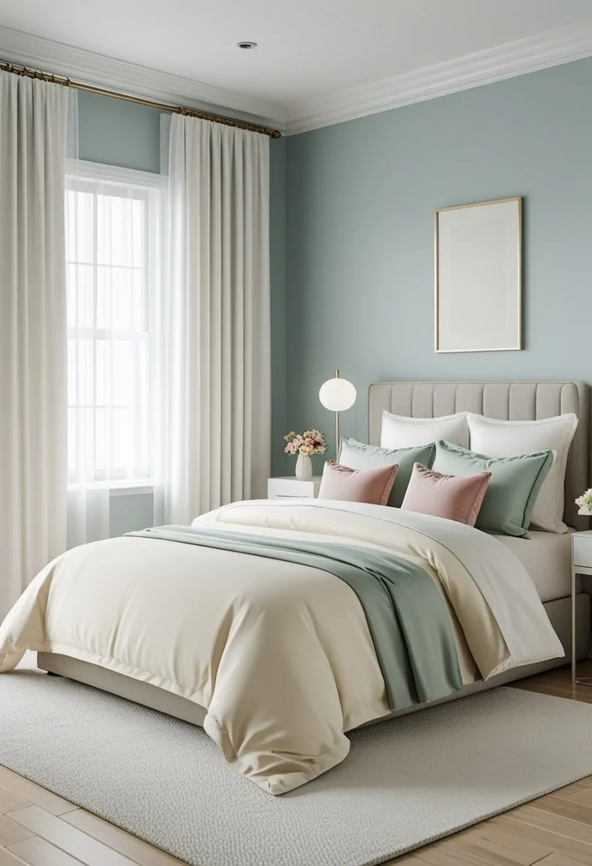 A bedroom with a queen-sized bed, neutral bedding, pastel accent pillows, light blue-gray walls, a nightstand with a lamp and flowers, and natural light coming through sheer curtains.