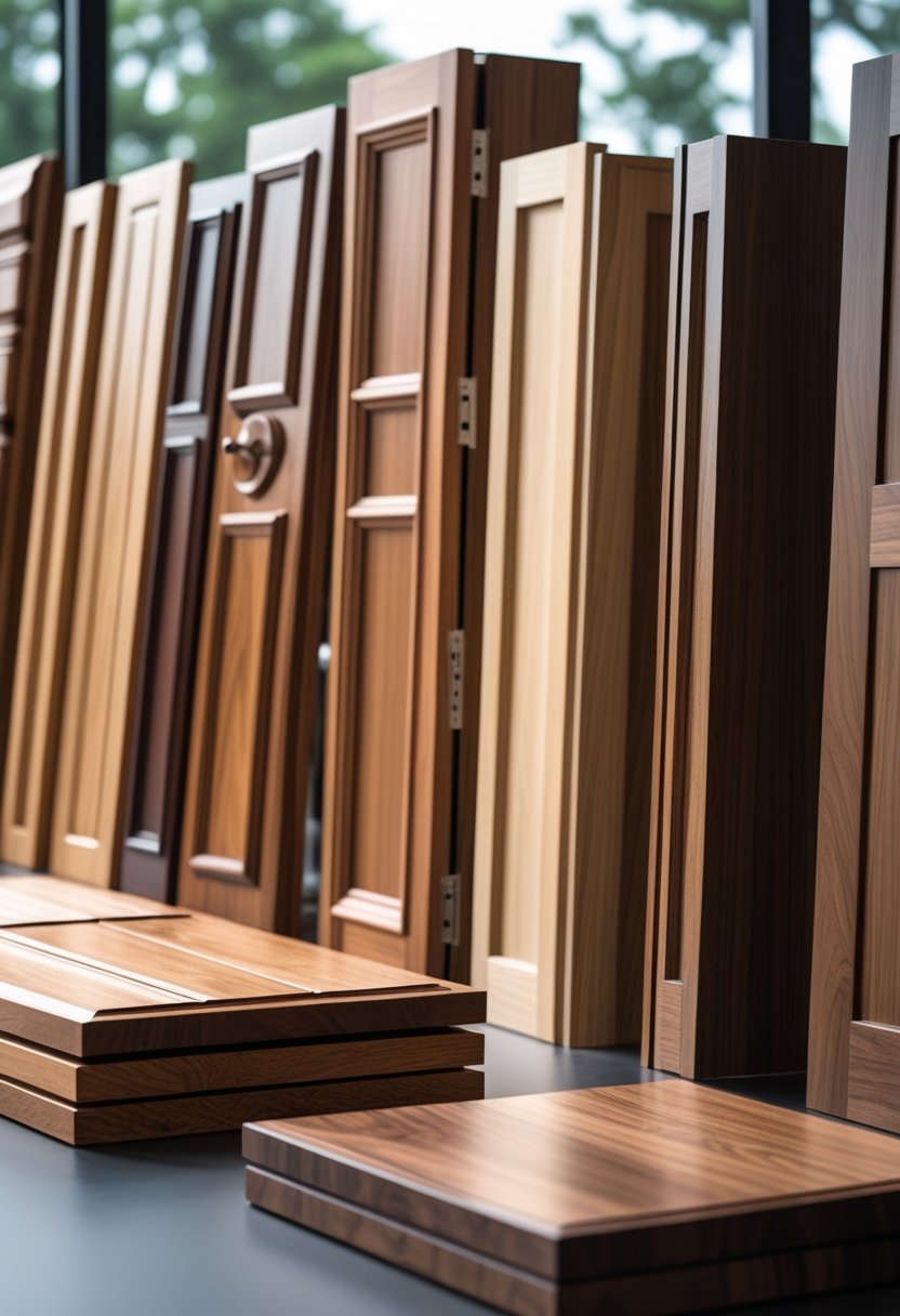 Various wooden door samples showing different wood types, grains, and designs arranged on a table.