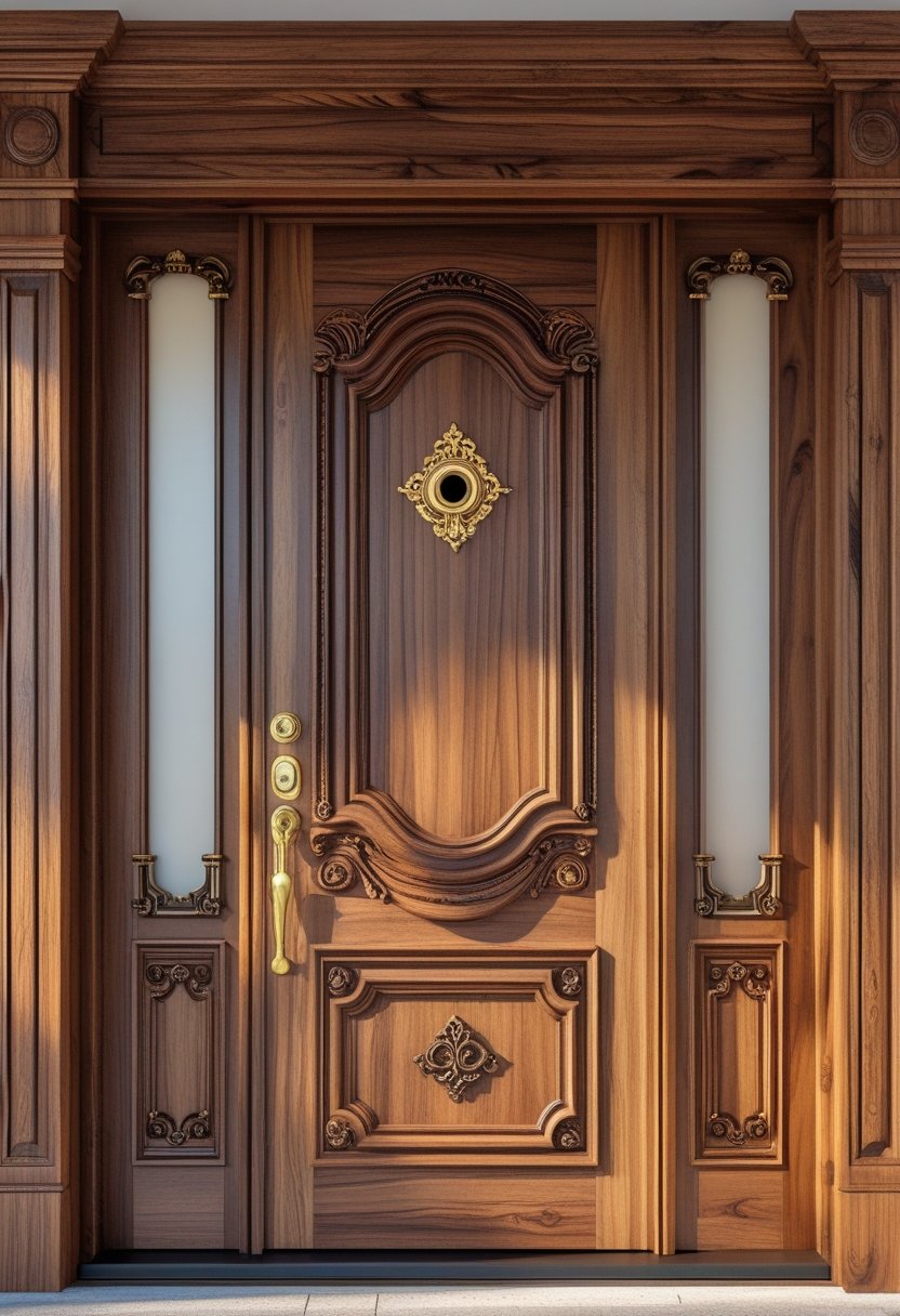 A close-up view of a wooden door with carved panels and decorative hardware.