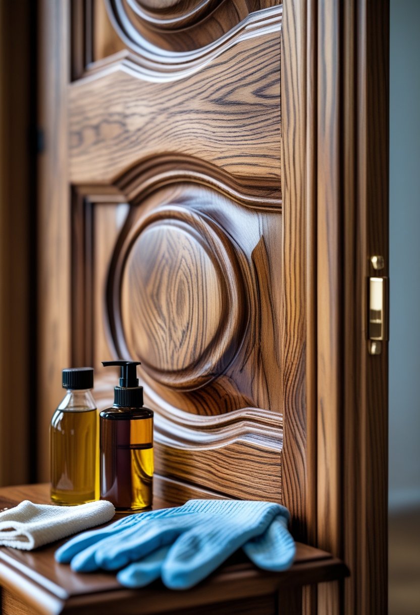 Close-up of a wooden door being gently cleaned with a cloth, with wood polish and gloves nearby on a table.
