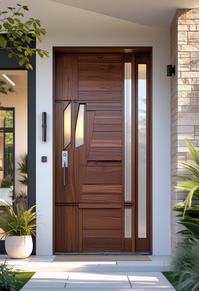 A modern wooden door with metal handles and glass inserts at the entrance of a house surrounded by plants and stone walls.