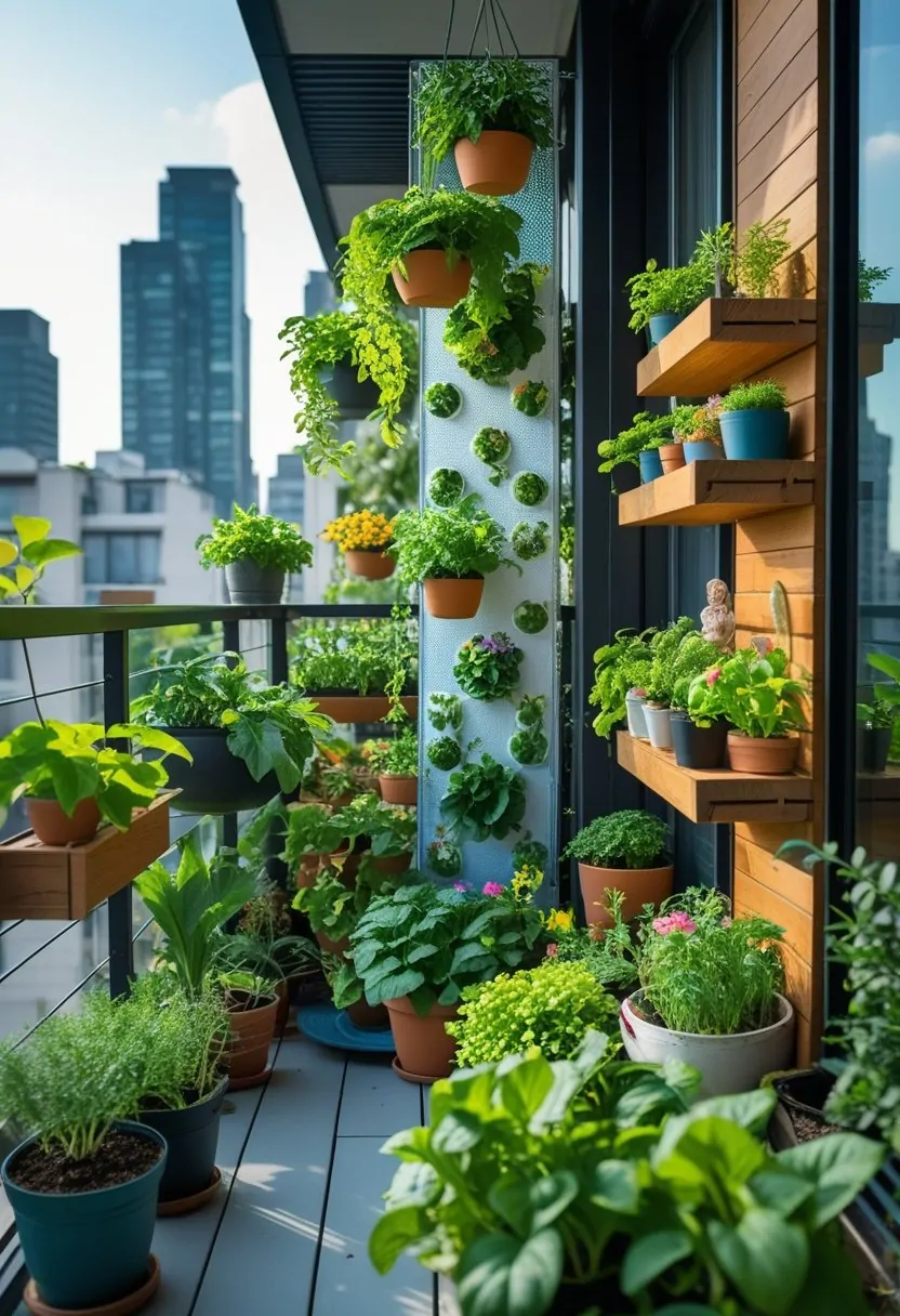 A small urban balcony filled with various green plants, hanging pots, vertical gardens, and potted herbs with city buildings in the background.
