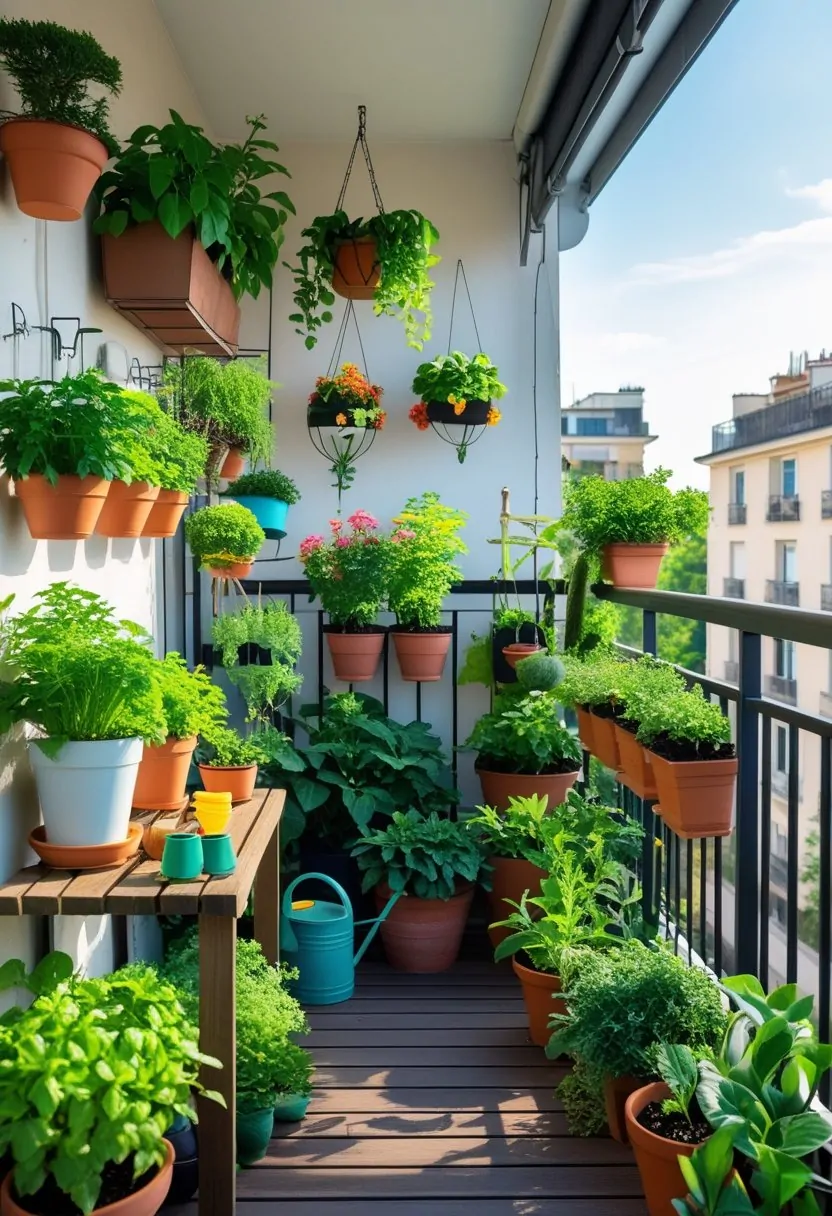 A small balcony with various green plants and colorful flowers in pots, a wooden bench with gardening tools, and vertical planters on the railing under natural sunlight.
