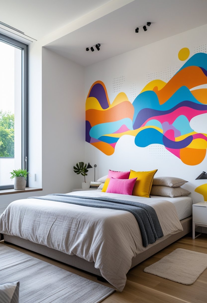 A bright bedroom with a large colorful abstract wall painting behind the bed, featuring neutral bedding and minimalist furniture.