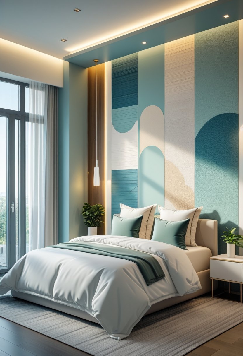 A bedroom with a creatively painted feature wall, a neatly made bed, natural light, and simple decor.