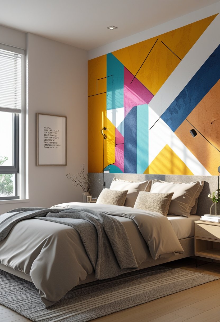 A modern bedroom with a colorful accent wall featuring a unique painted design and a neatly made bed.