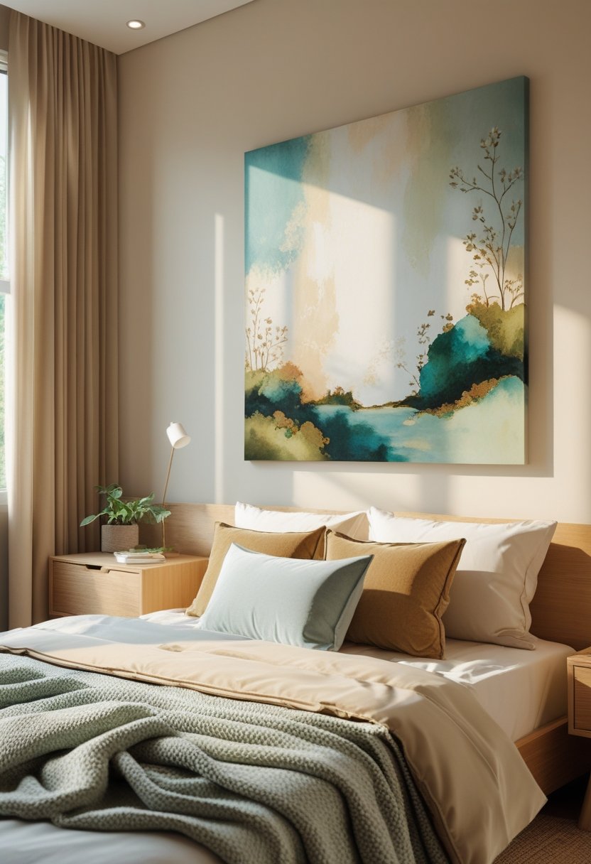 A cozy bedroom with a unique calming wall painting, soft natural light, a neatly made bed, and warm, soothing colors.