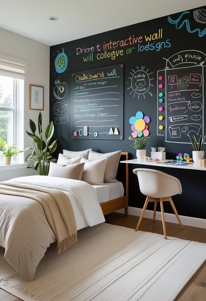 A bedroom with a chalkboard wall covered in colorful drawings and an interactive wall with magnetic shapes, featuring a bed, desk, and plants.