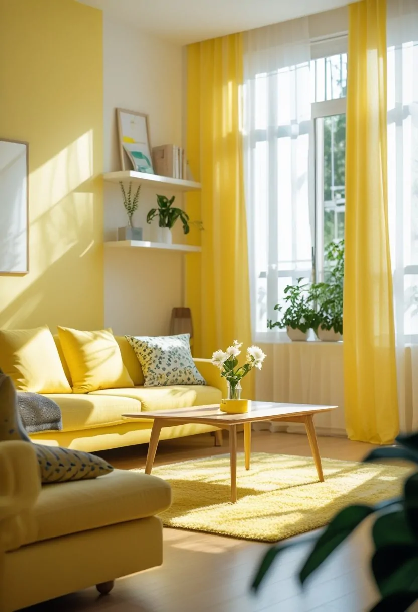 A yellow living room with a sofa, coffee table, and large windows letting in natural light.