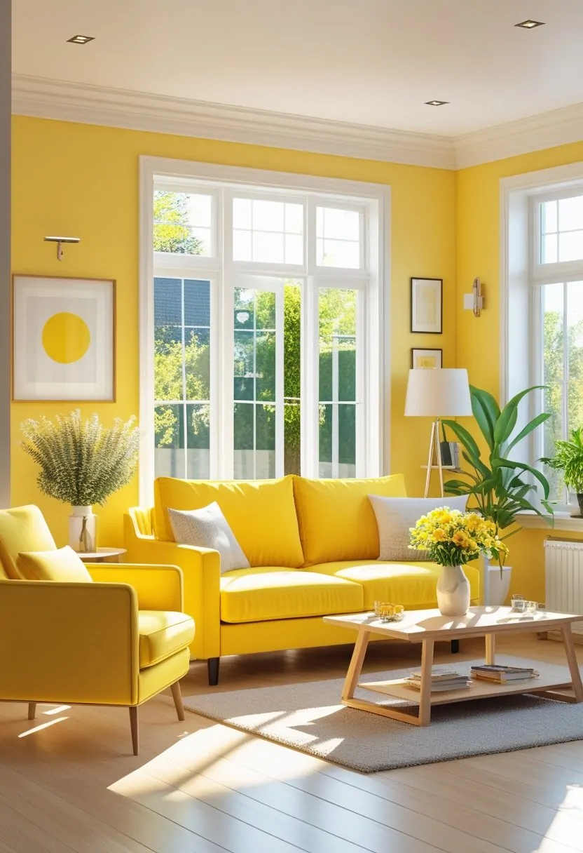 A yellow living room with a sofa, armchair, coffee table, plants, and sunlight coming through large windows.