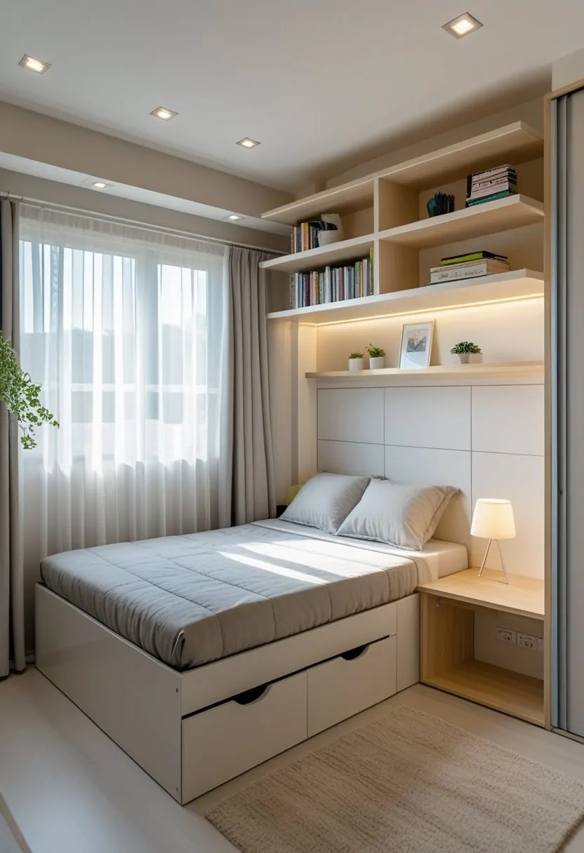 A small double bedroom with a bed that has built-in drawers, floating shelves above the bed, a compact wardrobe with sliding doors, and natural light coming through a window.