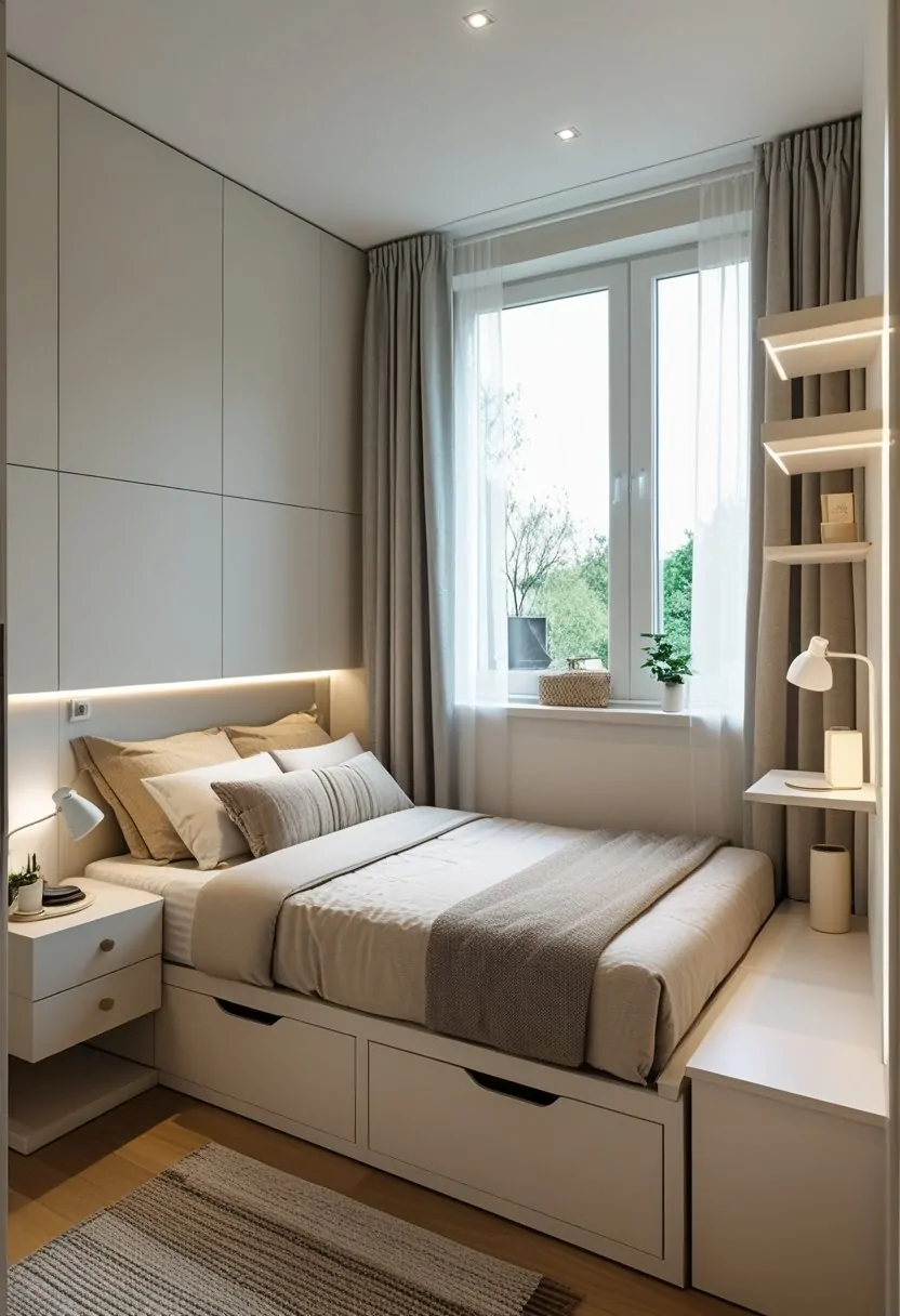 A small double bedroom with a neatly made bed, bedside table, window with curtains, and compact storage solutions.