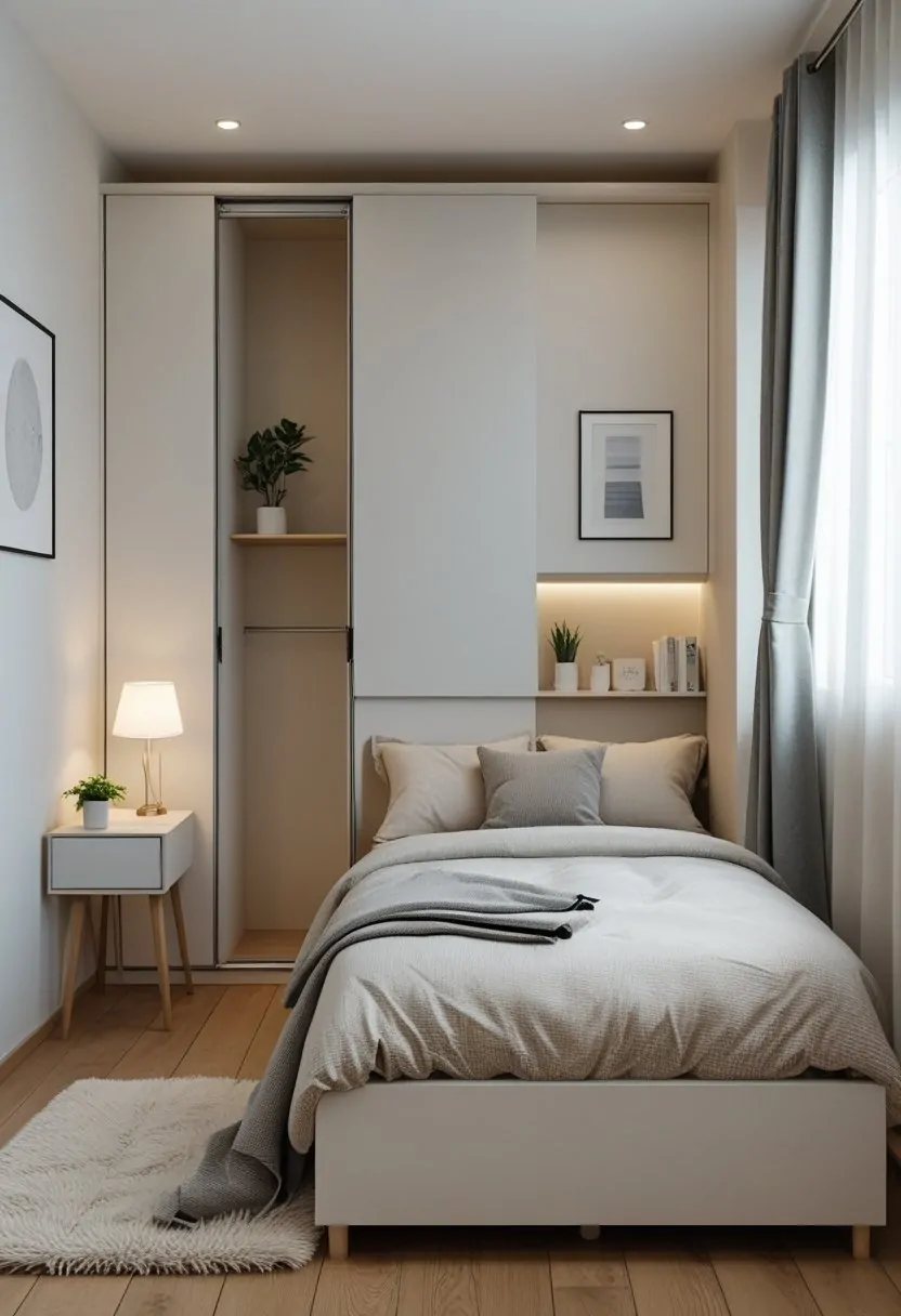 A small double bedroom with a neatly made bed, nightstand, built-in wardrobe, and natural light coming through a window.