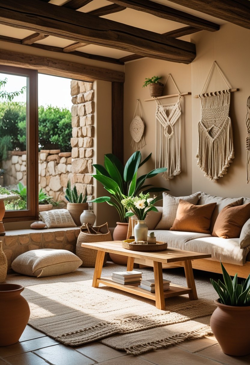 A cozy living room featuring wooden furniture, green plants, natural light, and earth-toned decor.