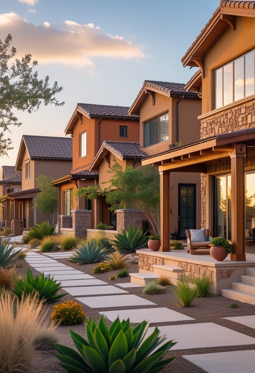 A peaceful neighborhood with several houses surrounded by greenery and natural landscaping under a clear sky.