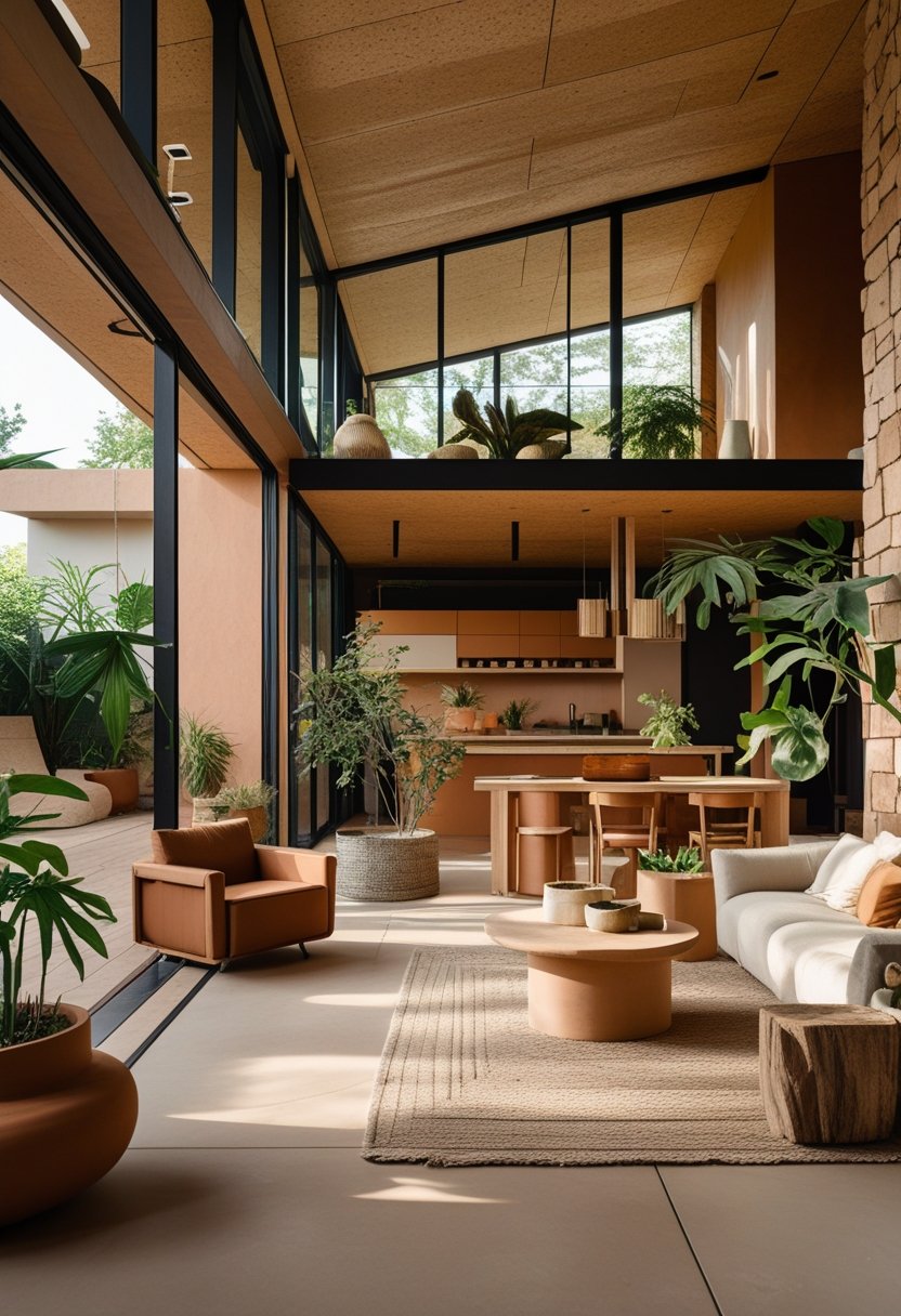A modern living room with natural materials, indoor plants, and large windows letting in sunlight.