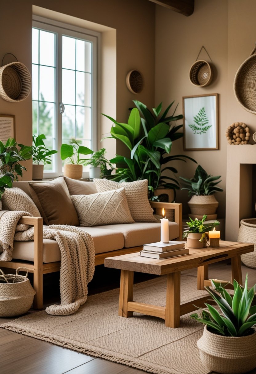 A cozy living room with natural wood furniture, soft cushions, plants, and warm lighting creating a secure and inviting atmosphere.