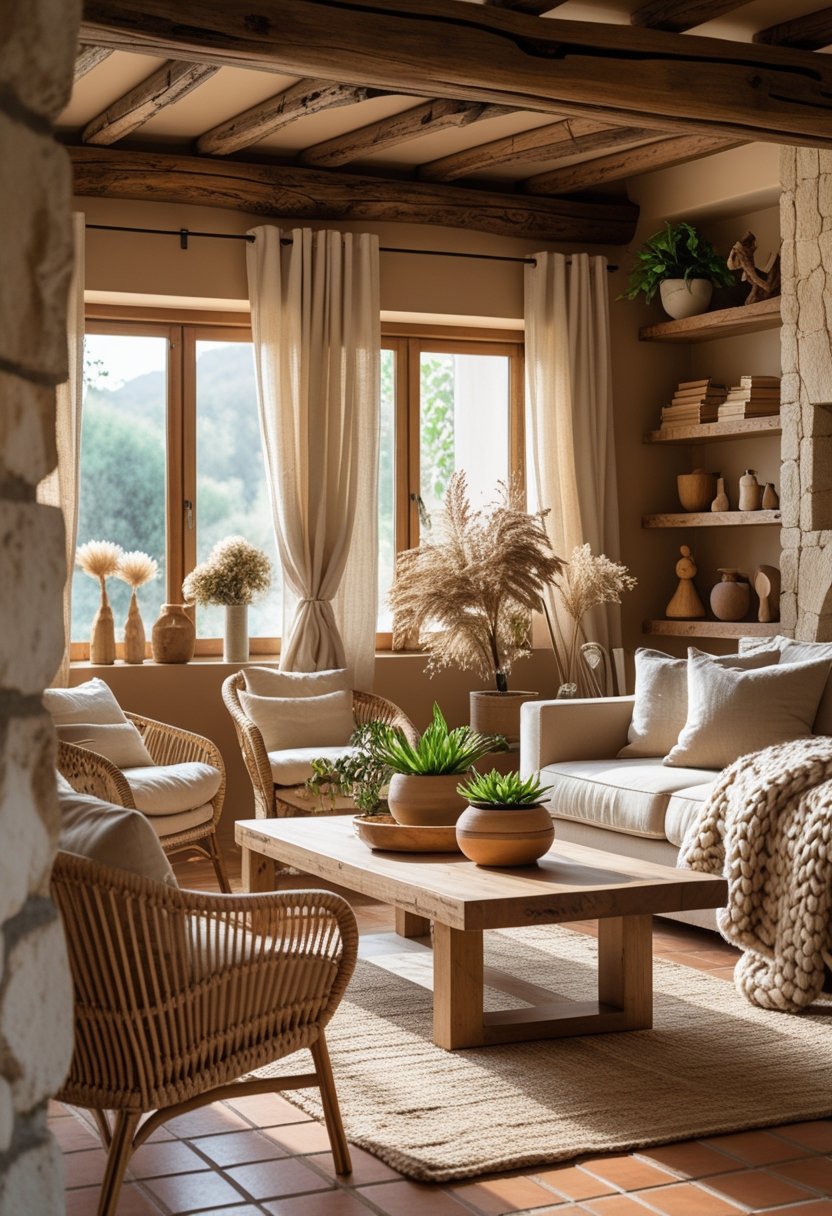 A cozy living room with wooden beams, stone walls, neutral furniture, green plants, and natural decor elements.