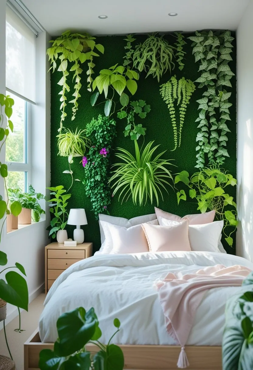 A bedroom with a green wall of indoor plants behind a neatly made bed, illuminated by natural light.