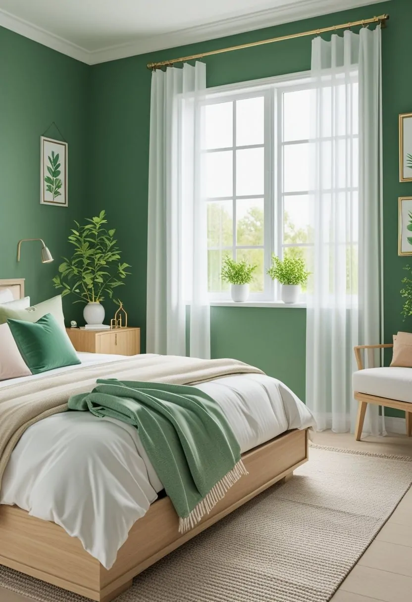 A bedroom with green walls, a bed with white and beige linens, wooden furniture, plants, and natural light coming through windows.