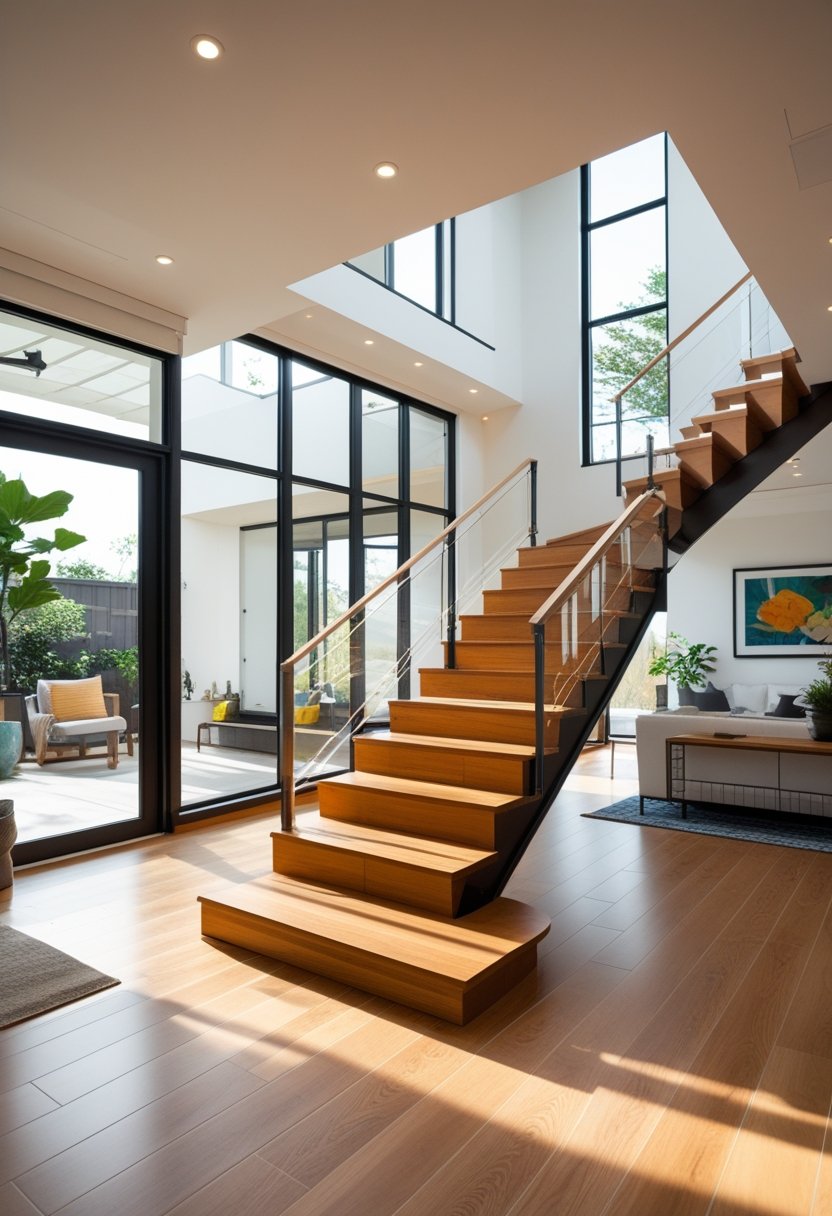 A bright home interior showing a wooden staircase integrated with the surrounding living space, featuring large windows and modern furniture.