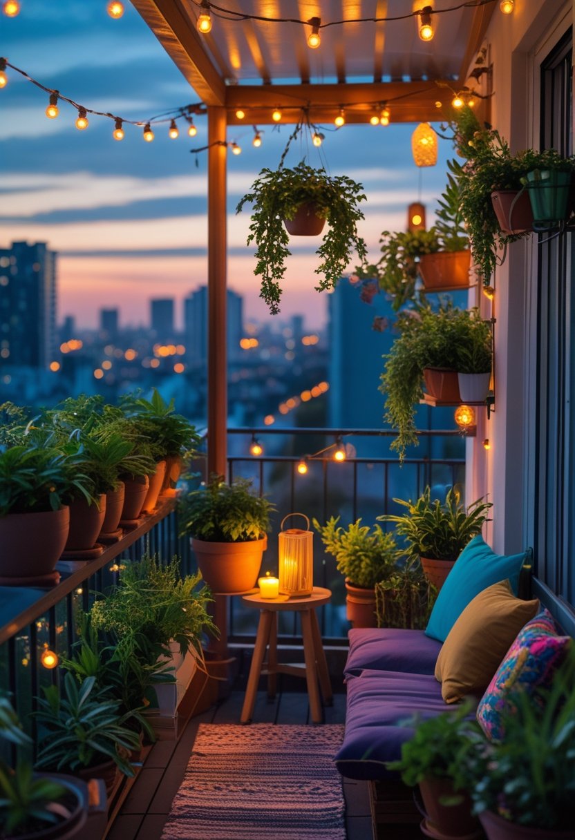 A small balcony garden in the evening with plants, warm string lights, comfortable seating, and a small table, creating a cozy and inviting atmosphere.