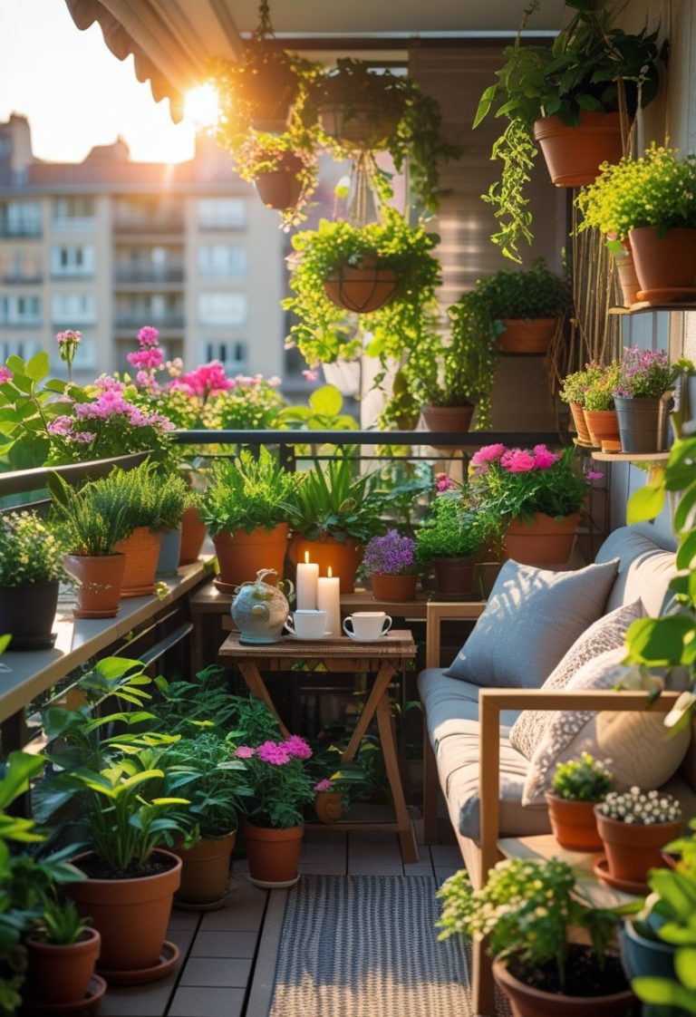 Cozy Balcony Garden with Lights & Flower Pots - Idea Dash