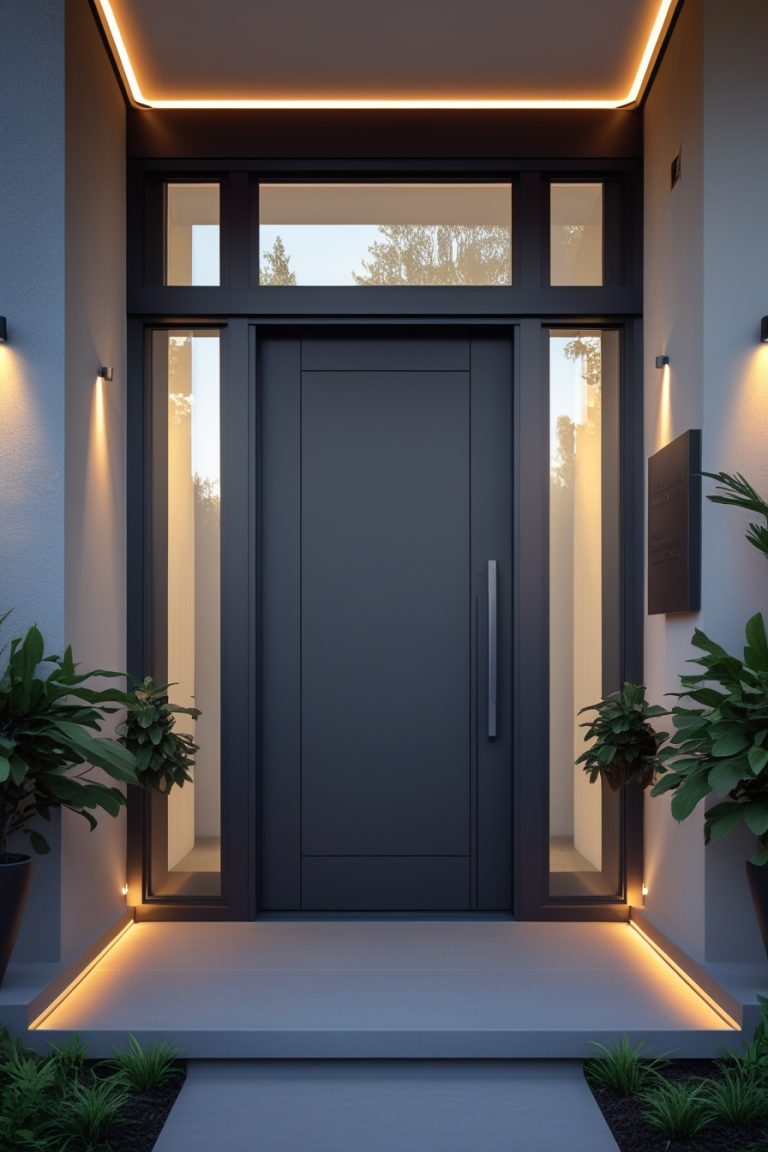 "Sleek Modern Front Door with Lighting & Natural Accents" - Idea Dash