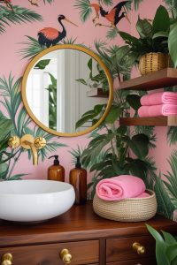 Vibrant Tropical Powder Room with Gold Accents - Idea Dash