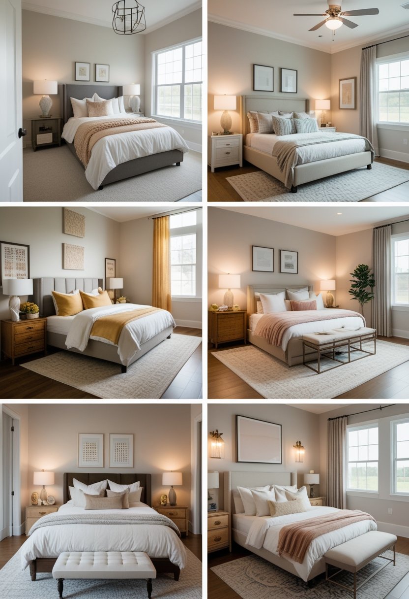 A collage of six bedrooms, each showing a different layout with beds, furniture, and decor.