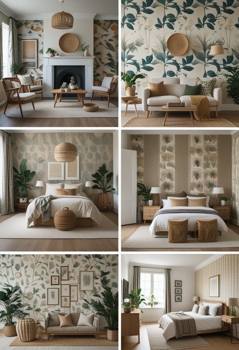 A collage showing different rooms decorated with various wallpaper designs and matching furniture.