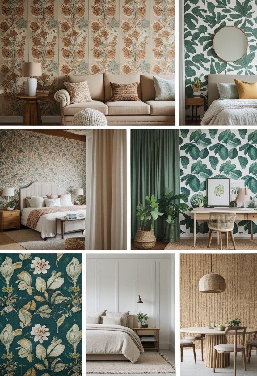 A collage of different wallpaper designs displayed in various room settings including a living room, bedroom, office, and dining area.