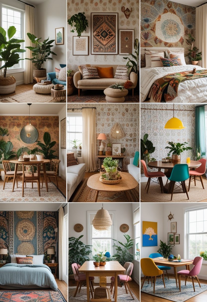 A collage of different indoor rooms including a living room, bedroom, dining area, and home office, each decorated with patterned wallpaper and various furniture and decor items.
